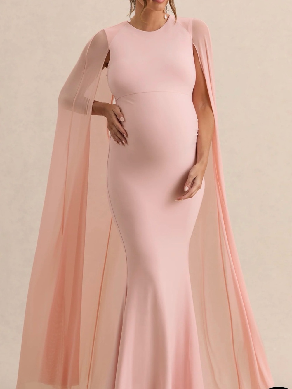 Club L London Maternity Blush Pink Maxi Gown with Sheer Cape